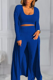 Blue Active Casual Europe and America O Neck Solid Plus Size