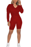 Red Casual Sportswear Solid V Neck Long Sleeve Regular Sleeve Regular Two Pieces