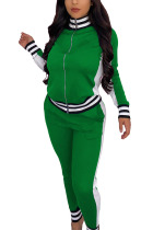 Green Casual Sportswear Polyester Spandex Cotton Blends Patchwork Solid Split Joint Pants Zipper Collar Long Sleeve Regular Sleeve Regular Two Pieces