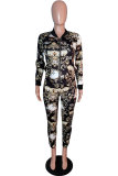 Black Elastic Fly Long Sleeve Mid Patchwork Print pencil Pants Two-piece suit