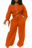 Orange Fashion Casual Adult Solid Bandage O Neck Long Sleeve Regular Sleeve Regular Two Pieces