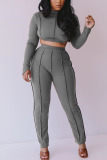 Grey Fashion Adult Elegant Solid Hollowed Out O Neck Long Sleeve Regular Sleeve Short Two Pieces