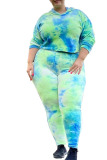 Light Green Casual Twilled Satin Print Tie-dye Hooded Collar Plus Size 