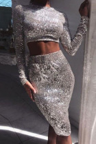 White Sexy Polyester Sequined Solid Sequins Bead tube Basic O Neck A Line Plus Size 