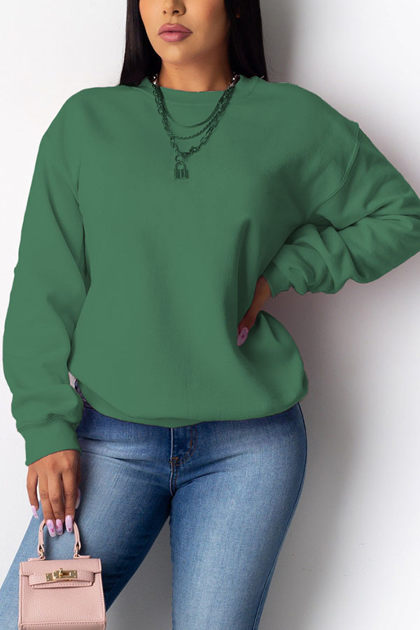 Green Casual Polyester Solid O Neck Mid Waist Tops