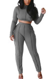 Grey Fashion Adult Elegant Solid Hollowed Out O Neck Long Sleeve Regular Sleeve Short Two Pieces
