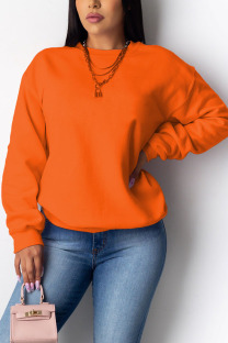 Orange Casual Polyester Solid O Neck Mid Waist Tops