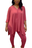 Pink Fashion Sportswear Adult Milk Fiber Solid Slit V Neck Three Quarter Cap Sleeve Regular Two Pieces