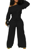 Black Fashion Casual Adult Solid Draw String One Shoulder Loose Jumpsuits