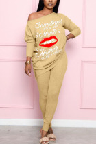 Khaki Fashion Sexy Adult Polyester Print Letter One Shoulder Long Sleeve Batwing Sleeve Regular Two Pieces