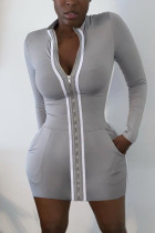 Grey Sexy Blends Patchwork Split Joint Basic Mandarin Collar Long Sleeve Mini Pencil Skirt Dresses