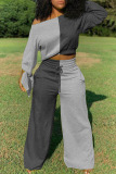 Grey Fashion Casual Patchwork Solid Split Joint Pants Knotted Bateau Neck Long Sleeve Regular Sleeve Regular Two Pieces