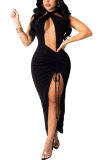 Black Sexy Twilled Satin Solid Pierced Hollowed Out Frenulum High Opening Fold Halter Sleeveless Ankle Length Pencil Skirt Dresses