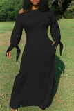 Black Fashion Daily Adult Solid Knotted Oblique Collar Long Sleeve Floor Length Long Sleeve Dress Dresses