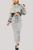 Grey Fashion Sportswear Adult Solid Draw String Hooded Collar Long Sleeve Regular Sleeve Short Two Pieces