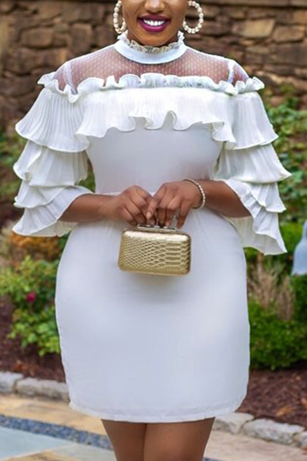 White Celebrities Elegant Gauze Twilled Satin Solid Basic O Neck Three Quarter Mini A Line Dresses