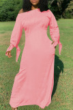 Pink Fashion Daily Adult Solid Knotted Oblique Collar Long Sleeve Floor Length Long Sleeve Dress Dresses