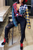 multicolor Fashion Casual Polyester Cotton Blends Plaid Patchwork Print Split Joint Buttons Cardigan Shirt Collar Tops