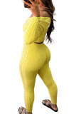 Yellow Fashion Casual Adult Solid Knotted V Neck Long Sleeve Regular Sleeve Short Two Pieces