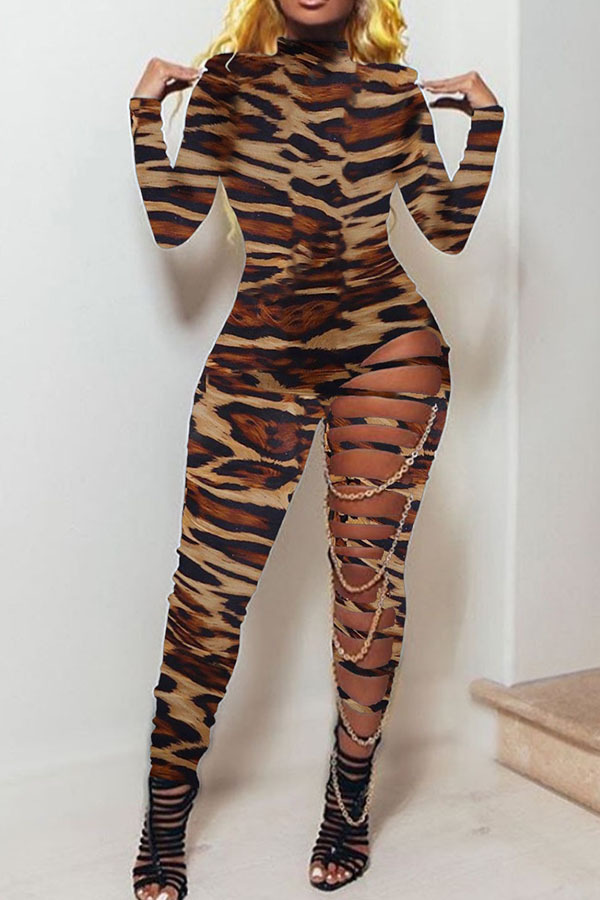 Leopard print Casual Knitting Print Leopard Hollowed Out O Neck Skinny Jumpsuits