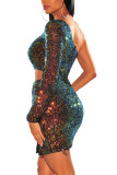 Black Sexy Party Sequined Pierced Hollowed Out Sequins Slit Bead tube Oblique Collar Long Sleeve Mini A Line Dresses