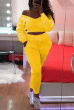 Yellow Casual Cute Blends Solid Pullovers Pants Basic Bateau Neck Long Sleeve Off The Shoulder Short Two Pieces