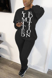 Black Green Casual Living Letter Print Solid Pullovers Pants Basic O Neck Long Sleeve Regular Sleeve Regular Two Pieces