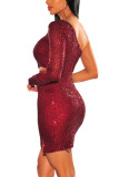 Wine Red Sexy Party Sequined Pierced Hollowed Out Sequins Slit Bead tube Oblique Collar Long Sleeve Mini A Line Dresses