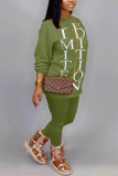 Khaki Casual Living Letter Print Solid Pullovers Pants Basic O Neck Long Sleeve Regular Sleeve Regular Two Pieces