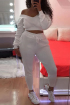 White Casual Cute Polyester Cotton Blends Solid Pullovers Pants Basic Bateau Neck Long Sleeve Off The Shoulder Short Two Pieces