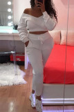 White Casual Cute Blends Solid Pullovers Pants Basic Bateau Neck Long Sleeve Off The Shoulder Short Two Pieces