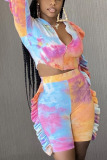 Blue Sexy Twilled Satin Print Split Joint Tie-dye O Neck Long Sleeve Regular Sleeve Short Two Pieces