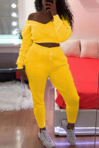 Yellow Casual Cute Polyester Cotton Blends Solid Pullovers Pants Basic Bateau Neck Long Sleeve Off The Shoulder Short Two Pieces