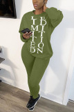 Khaki Casual Living Letter Print Solid Pullovers Pants Basic O Neck Long Sleeve Regular Sleeve Regular Two Pieces