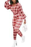 Red Fashion Casual Adult Polyester Plaid Turndown Collar Skinny Jumpsuits