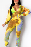 Yellow Casual Spandex Geometric Print Hooded Collar Long Sleeve Regular Sleeve Short Two Pieces