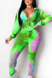 Green Casual Spandex Geometric Print Hooded Collar Long Sleeve Regular Sleeve Short Two Pieces