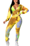 Yellow Casual Spandex Geometric Print Hooded Collar Long Sleeve Regular Sleeve Short Two Pieces