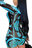 Blue Casual Spandex Print O Neck Skinny Jumpsuits
