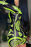 Green Casual Spandex Print O Neck Skinny Jumpsuits