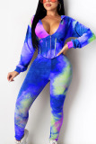 Blue Casual Spandex Geometric Print Hooded Collar Long Sleeve Regular Sleeve Short Two Pieces