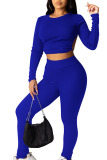 Blue Sexy Pit Article Fabrics Solid Split Joint O Neck Long Sleeve Regular Sleeve Short Two Pieces