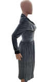 Grey Sexy Cap Sleeve Long Sleeves Turndown Collar pleated Knee-Length Character Solid Long Sle