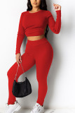 Red Sexy Pit Article Fabrics Solid Split Joint O Neck Long Sleeve Regular Sleeve Short Two Pieces