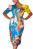 colour Fashion Casual Twilled Satin Character Print O Neck Short Sleeve Mid Calf Pencil Skirt Dresses