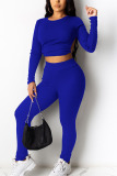 Dark Blue Sexy Pit Article Fabrics Solid Split Joint O Neck Long Sleeve Regular Sleeve Short Two Pieces