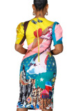 colour Fashion Casual Twilled Satin Character Print O Neck Short Sleeve Mid Calf Pencil Skirt Dresses