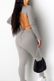 Grey Sexy Pit Article Fabrics Solid Split Joint O Neck Long Sleeve Regular Sleeve Short Two Pieces