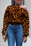 Orange Sexy Casual Street Print Leopard Lips Printed Buttons Pullovers Oblique Collar Mid Waist Tops