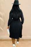 Black Sexy Cap Sleeve Long Sleeves Turndown Collar pleated Knee-Length Character Solid Long Sle